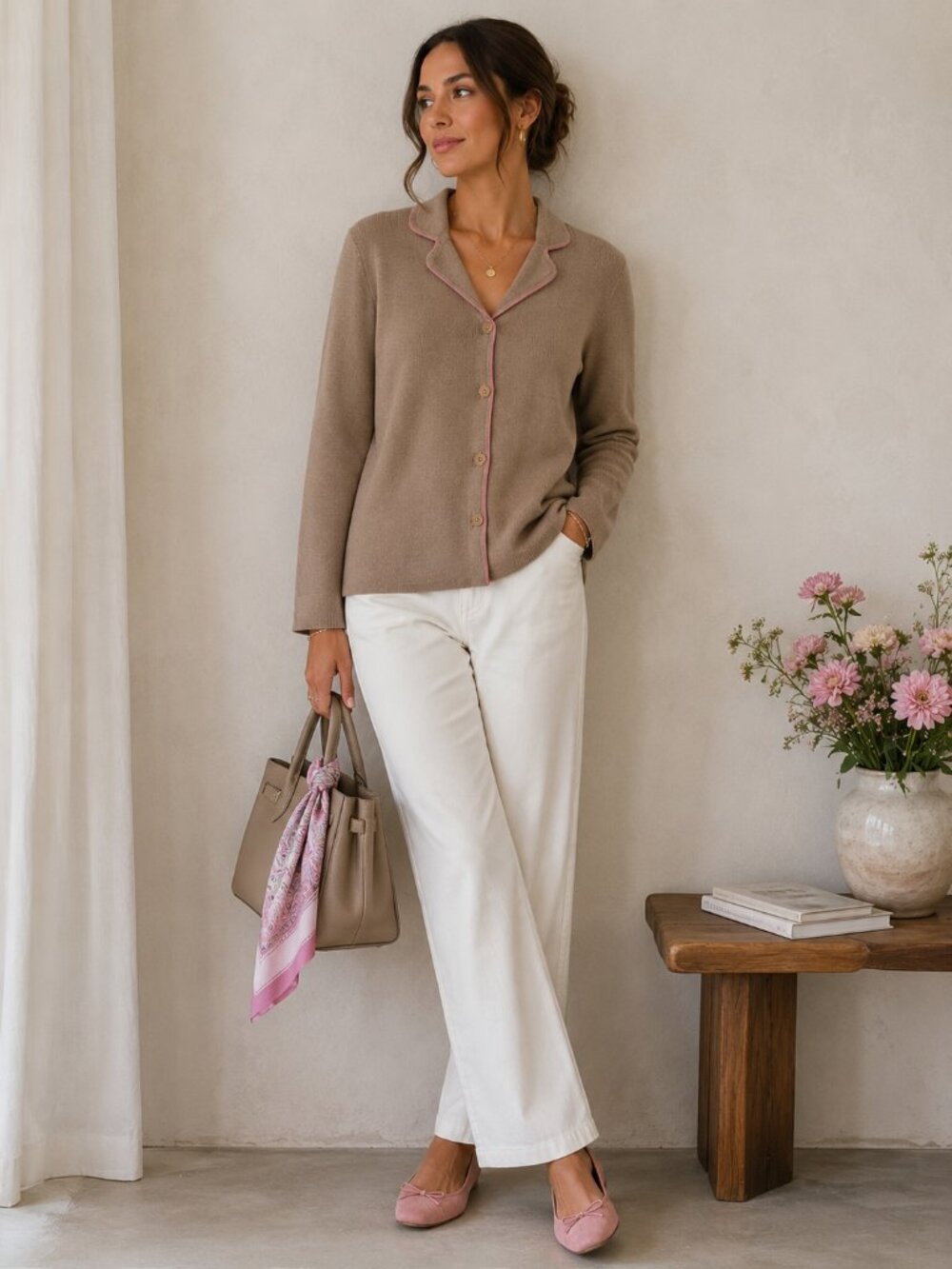 Peter Nygard 100% Merino Wool Cardigan Tan Neutral Button Front Sweater